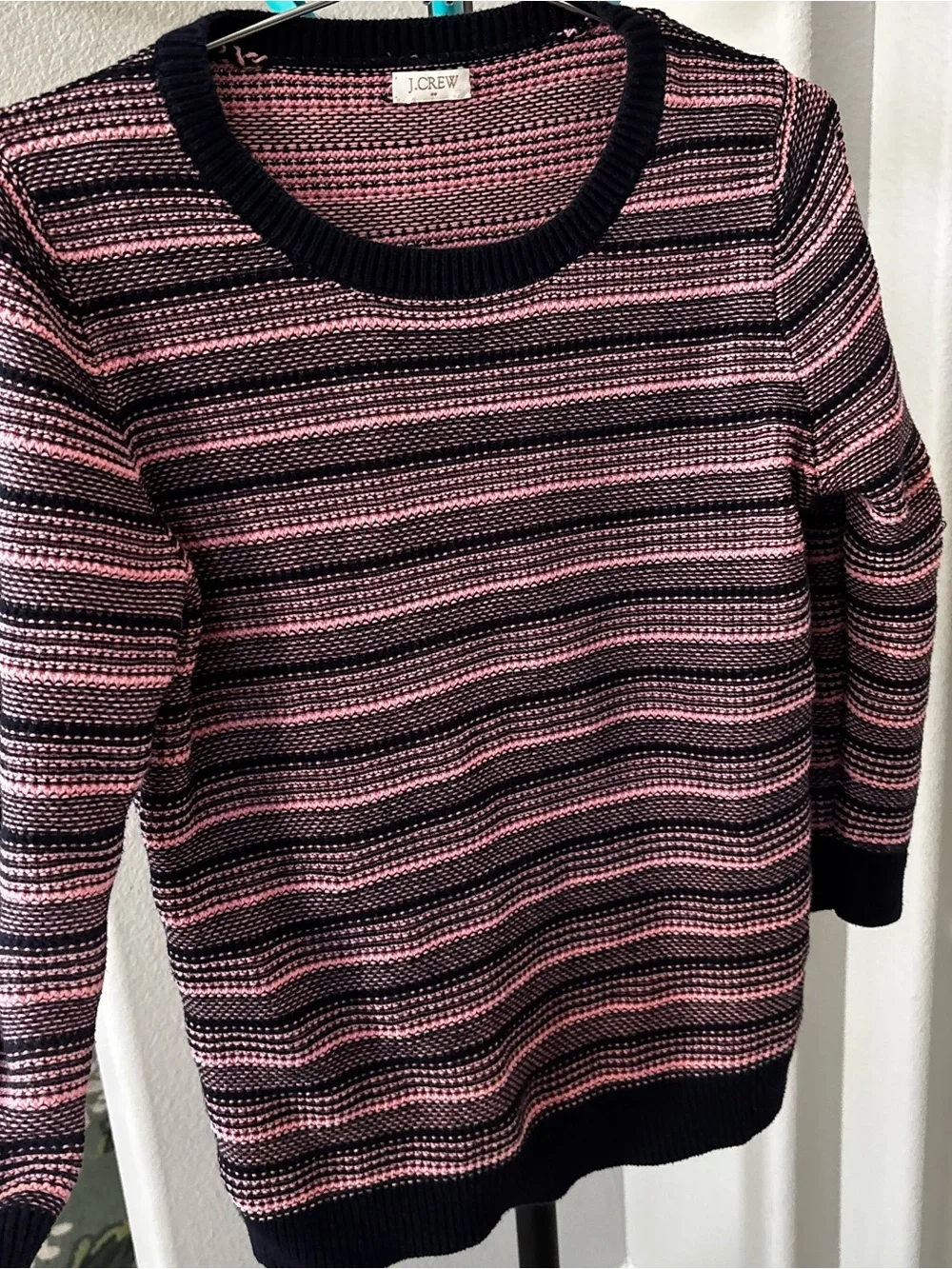 J. Crew Navy and Pink Striped Crewneck Sweater